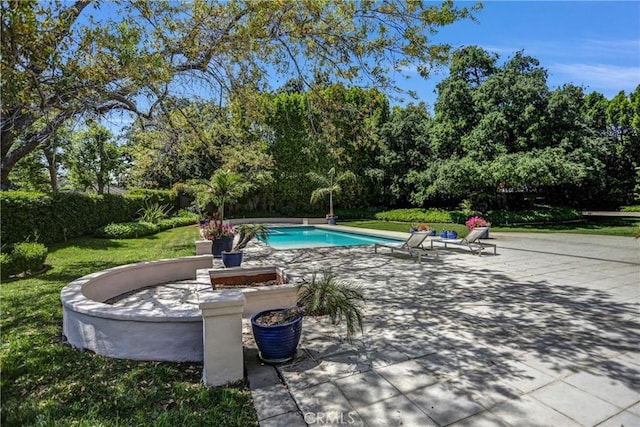 1489 Caballero Rd, Arcadia, CA 91006 - view of swimming pool featuring a patio area, view of scattered trees, and a yard