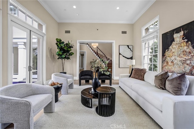 1489 Caballero Rd, Arcadia, CA 91006 - living area featuring stairs, recessed lighting, ornamental molding, french doors, and a chandelier