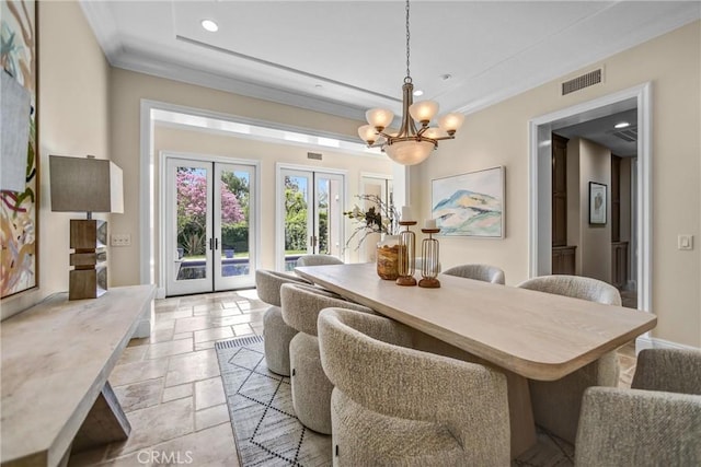 1489 Caballero Rd, Arcadia, CA 91006 - dining space with stone tile flooring, french doors, a chandelier, recessed lighting, and ornamental molding