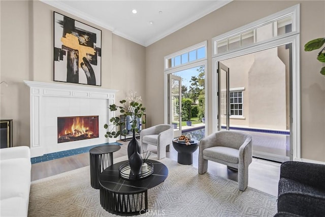 1489 Caballero Rd, Arcadia, CA 91006 - living room with ornamental molding, wood finished floors, a fireplace, and recessed lighting