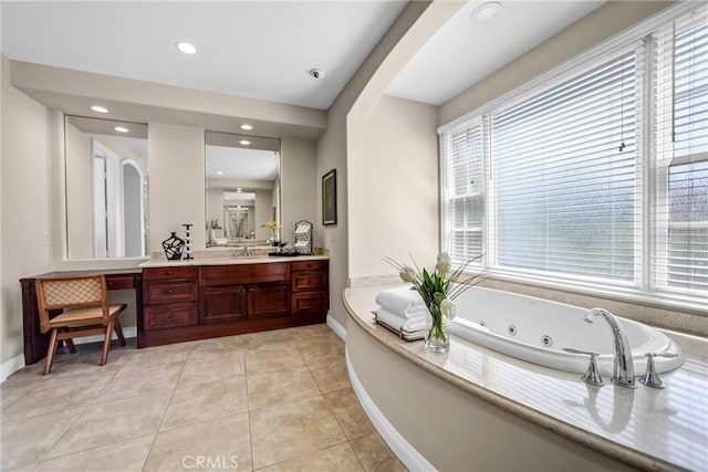 1489 Caballero Rd, Arcadia, CA 91006 - bathroom with vanity, a tub with jets, recessed lighting, and tile patterned flooring
