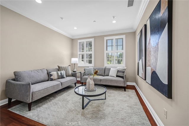 1489 Caballero Rd, Arcadia, CA 91006 - living area featuring dark wood-style flooring, ornamental molding, and recessed lighting