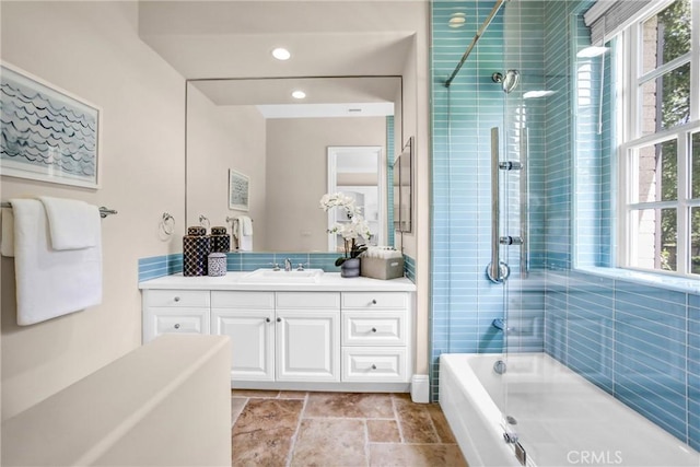 1489 Caballero Rd, Arcadia, CA 91006 - bathroom with plenty of natural light, vanity, shower / bath combination, and stone finish floors