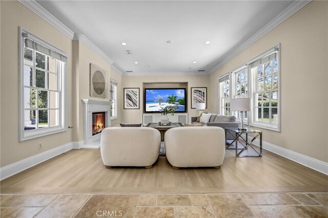1489 Caballero Rd, Arcadia, CA 91006 - living room featuring ornamental molding, a lit fireplace, stone finish flooring, and recessed lighting
