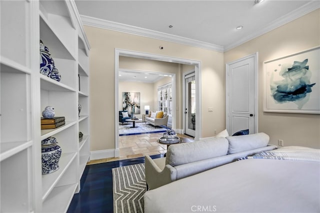1489 Caballero Rd, Arcadia, CA 91006 - living area with ornamental molding, french doors, stone tile flooring, and recessed lighting