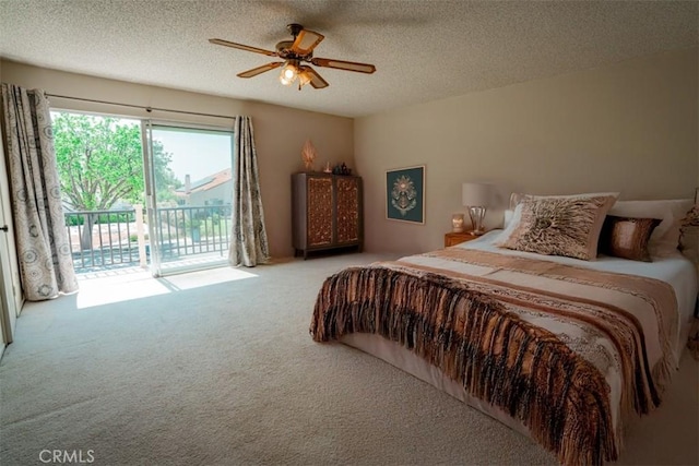 bedroom with carpet flooring, access to outside, a textured ceiling, and ceiling fan