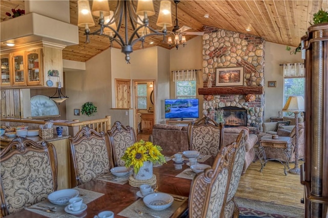 dining room with high vaulted ceiling, a notable chandelier, and wooden ceiling