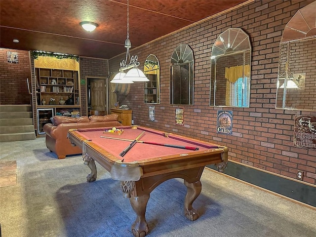 recreation room featuring carpet floors, billiards, and brick wall