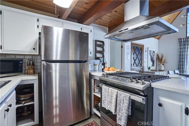 kitchen featuring white cabinets, beam ceiling, extractor fan, stainless steel appliances, and wood ceiling