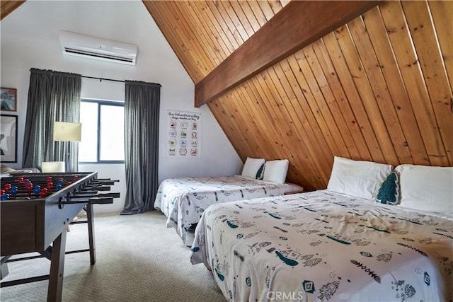 bedroom featuring wooden ceiling, carpet, high vaulted ceiling, and a wall unit AC