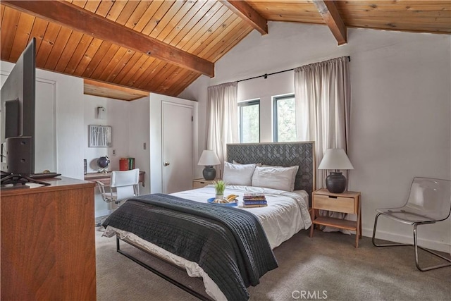 bedroom featuring vaulted ceiling with beams, wood ceiling, carpet floors, and baseboards