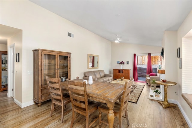 27263 Family Cir, Menifee, CA 92586 - dining space with ceiling fan, light wood finished floors, vaulted ceiling, and baseboards