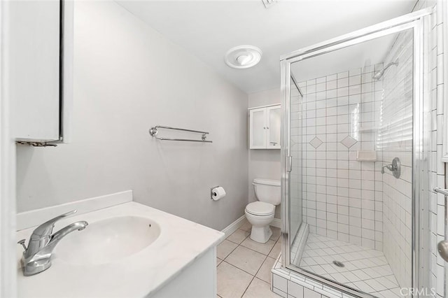 full bathroom with vanity, tile patterned flooring, a shower stall, and toilet