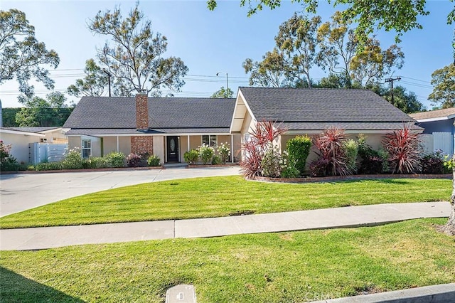 single story home featuring concrete driveway, a chimney, a front yard, and stucco siding