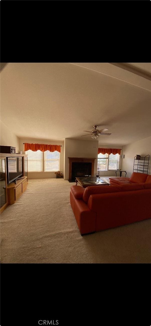6117 Juniper Rd, Lake Isabella, CA 93240 - living room with carpet floors, a fireplace, and ceiling fan