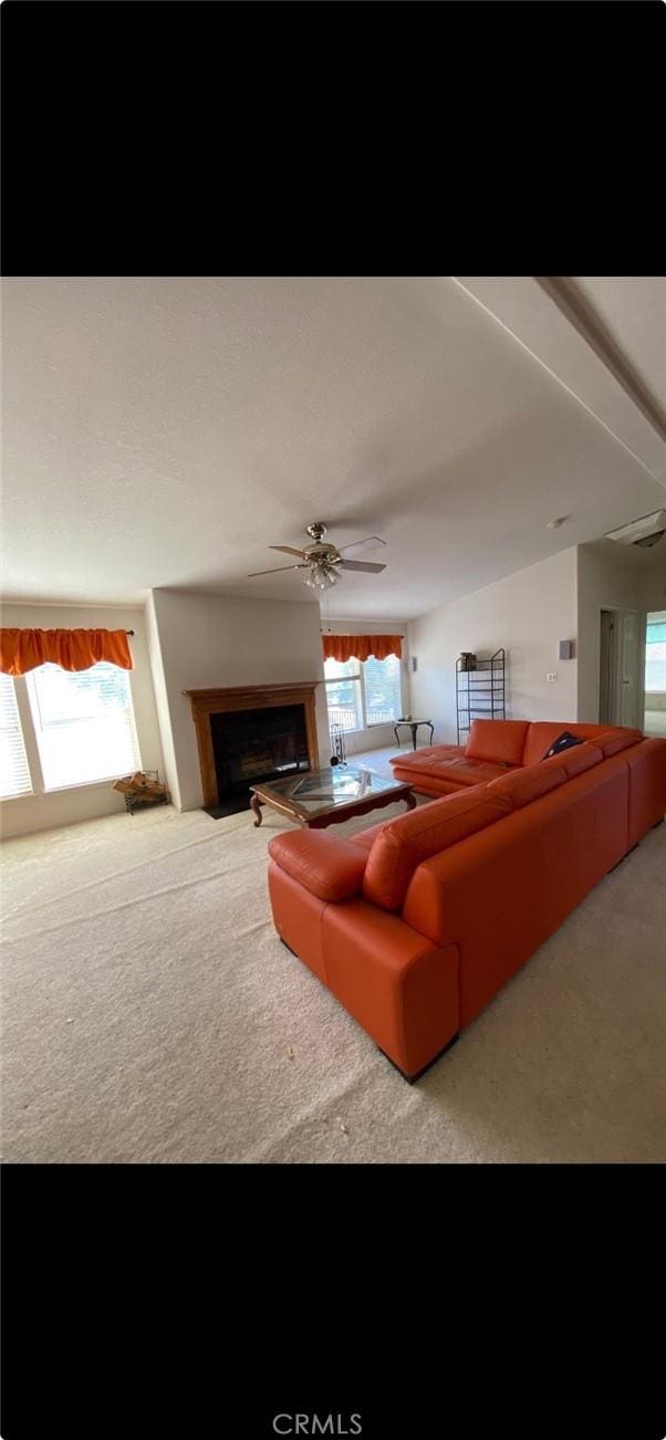 6117 Juniper Rd, Lake Isabella, CA 93240 - carpeted living area featuring healthy amount of natural light, a fireplace, and a ceiling fan