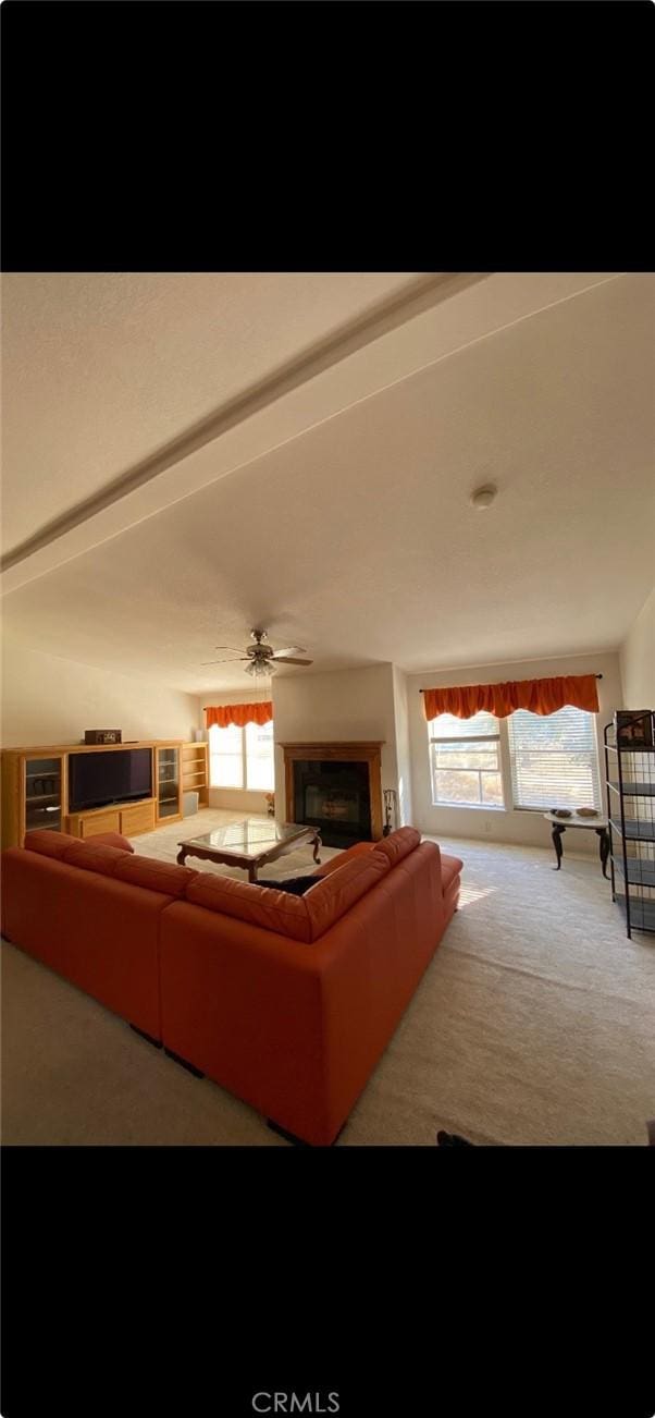 6117 Juniper Rd, Lake Isabella, CA 93240 - living area featuring carpet, a fireplace, and ceiling fan