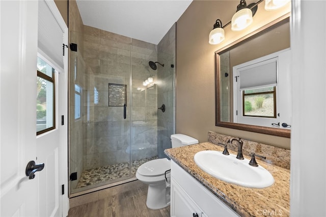bathroom featuring a shower stall, vanity, toilet, and wood finished floors