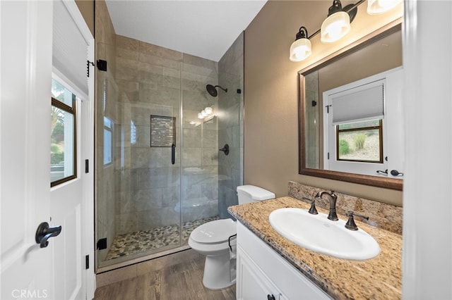 bathroom featuring toilet, a stall shower, wood finished floors, and vanity