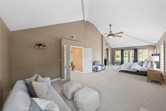bedroom with baseboards, visible vents, beamed ceiling, high vaulted ceiling, and light colored carpet