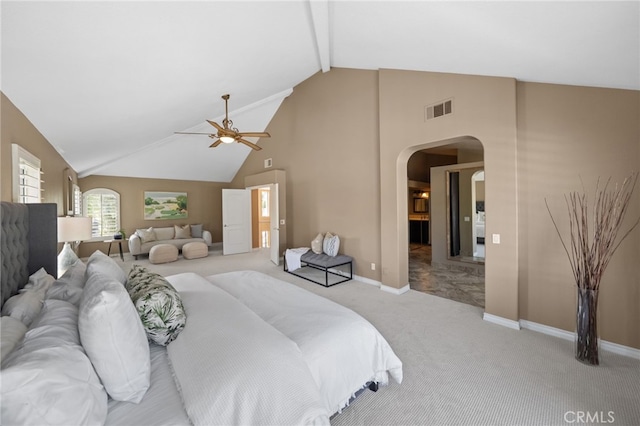 24240 Avenida De Marcia, Yorba Linda, CA 92887 - bedroom with arched walkways, light carpet, beamed ceiling, high vaulted ceiling, and ceiling fan