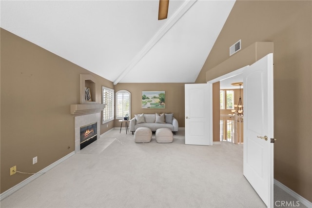 24240 Avenida De Marcia, Yorba Linda, CA 92887 - living area with light carpet, a fireplace, and high vaulted ceiling