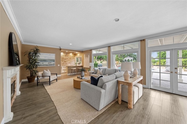 living room featuring a fireplace, ornamental molding, wood finished floors, french doors, and baseboards