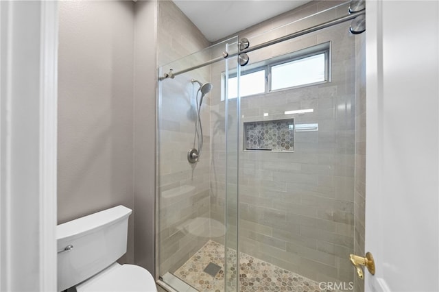 bathroom featuring toilet and a stall shower