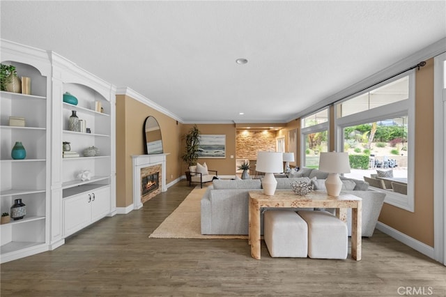 living room with a glass covered fireplace, baseboards, ornamental molding, and wood finished floors