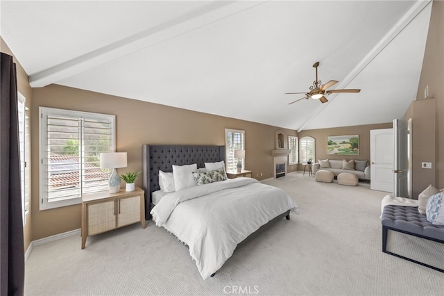 24240 Avenida De Marcia, Yorba Linda, CA 92887 - bedroom featuring light colored carpet, multiple windows, beamed ceiling, high vaulted ceiling, and ceiling fan