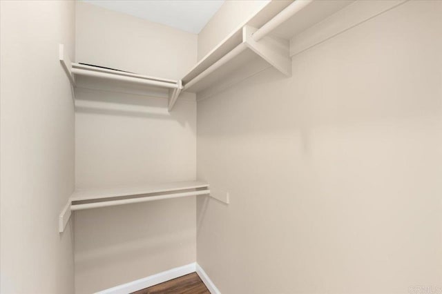 walk in closet with dark wood-style flooring