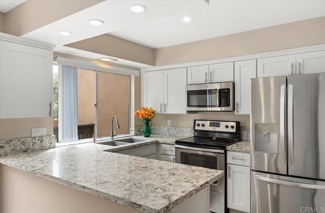 7960 Mission Center Ct Unit F, San Diego, CA 92108 - kitchen featuring appliances with stainless steel finishes, a peninsula, white cabinets, and recessed lighting