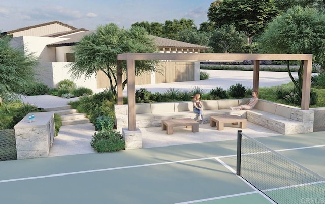 exterior space featuring a patio, an outdoor hangout area, and fence