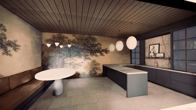 interior space with a tub to relax in and wooden ceiling