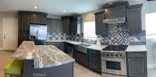 kitchen featuring a breakfast bar area, backsplash, appliances with stainless steel finishes, a center island, and a sink