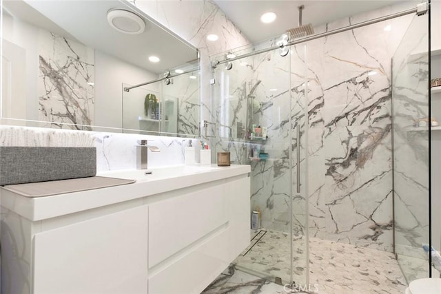 10444 Flowerdale Ct, Sun Valley, CA 91352 - full bathroom featuring marble finish floor, recessed lighting, vanity, and a marble finish shower