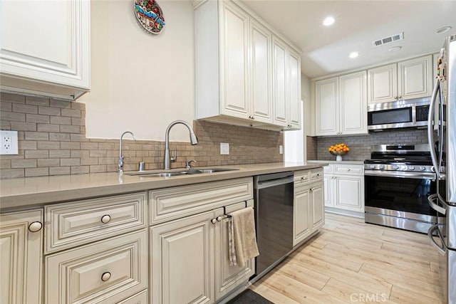 10444 Flowerdale Ct, Sun Valley, CA 91352 - kitchen with visible vents, a sink, appliances with stainless steel finishes, light wood-type flooring, and backsplash