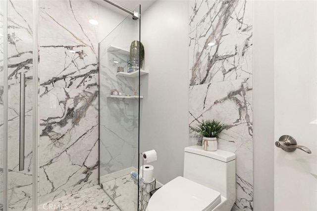 10444 Flowerdale Ct, Sun Valley, CA 91352 - full bath featuring a marble finish shower, tile walls, toilet, and marble finish floor