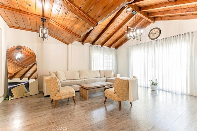 10444 Flowerdale Ct, Sun Valley, CA 91352 - living area featuring a chandelier, wood ceiling, vaulted ceiling with beams, and wood finished floors