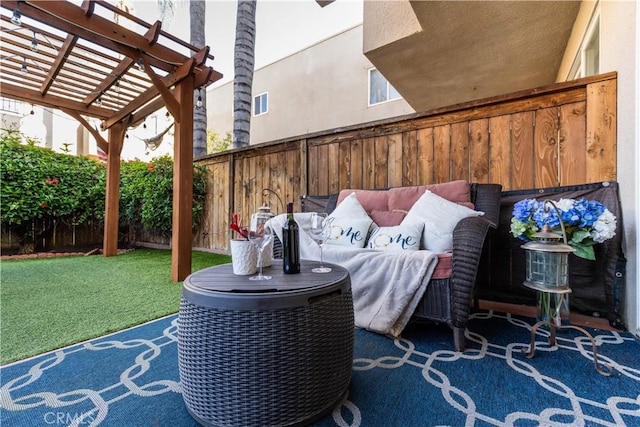 view of patio / terrace with a fenced backyard, a pergola, visible vents, and an outdoor hangout area