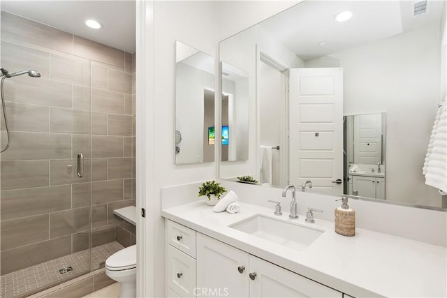 59 Sanctuary Ln, Mission Viejo, CA 92692 - full bathroom with visible vents, toilet, a shower stall, recessed lighting, and vanity