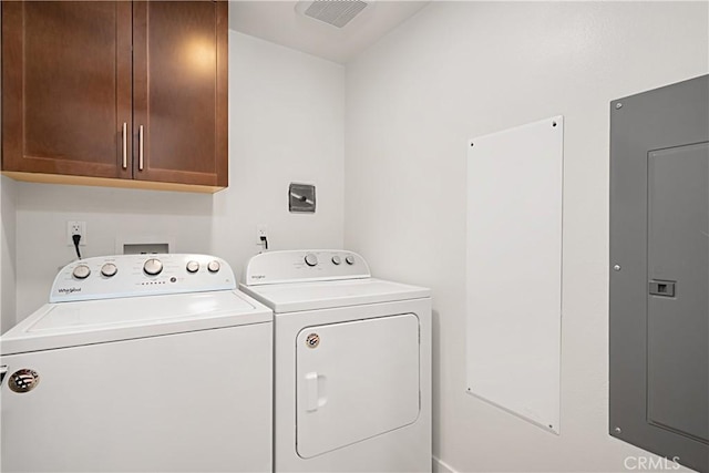 laundry area with washer and clothes dryer, visible vents, cabinet space, and electric panel