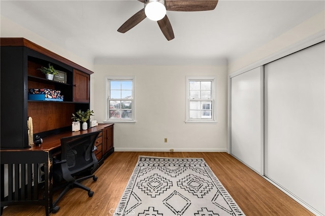 1492 Coolidge Ave, Pasadena, CA 91104 - office area featuring light wood-style flooring, a ceiling fan, and baseboards