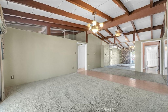 interior space featuring carpet flooring, lofted ceiling with beams, and ceiling fan with notable chandelier