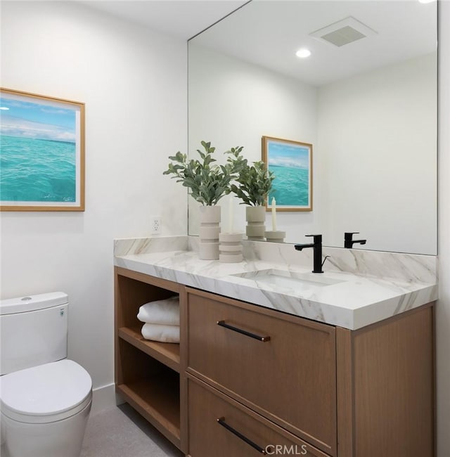 3 Rue Valbonne, Newport Beach, CA 92660 - bathroom featuring toilet, vanity, visible vents, and recessed lighting