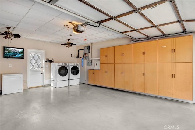 7200 Newton Way, Stanton, CA 90680 - garage featuring washing machine and clothes dryer, ceiling fan, refrigerator, and a garage door opener