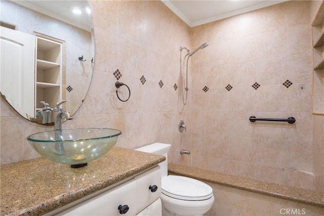 7200 Newton Way, Stanton, CA 90680 - bathroom with tile walls, toilet, vanity, crown molding, and a tile shower