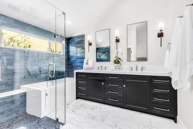 27553 Via Fortuna, San Juan Capistrano, CA 92675 - full bathroom with lofted ceiling, visible vents, marble finish floor, and a stall shower