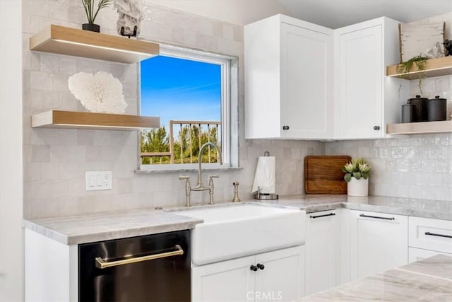 27553 Via Fortuna, San Juan Capistrano, CA 92675 - kitchen featuring white cabinets, open shelves, backsplash, dishwasher, and a sink