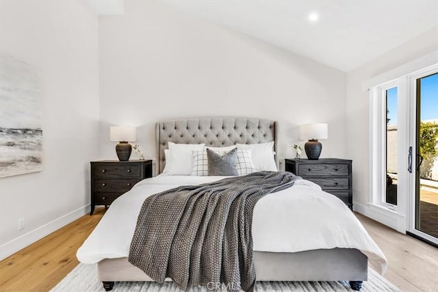 27553 Via Fortuna, San Juan Capistrano, CA 92675 - bedroom featuring recessed lighting, vaulted ceiling, light wood-type flooring, baseboards, and access to outside